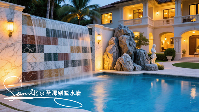 1761112668266340.jpeg jimeng-2025-06-20-8482-這是一別墅處戶外大理石制作的平板水墻景觀。水墻由多種平面石板組成漂亮的效果。水從....jpeg